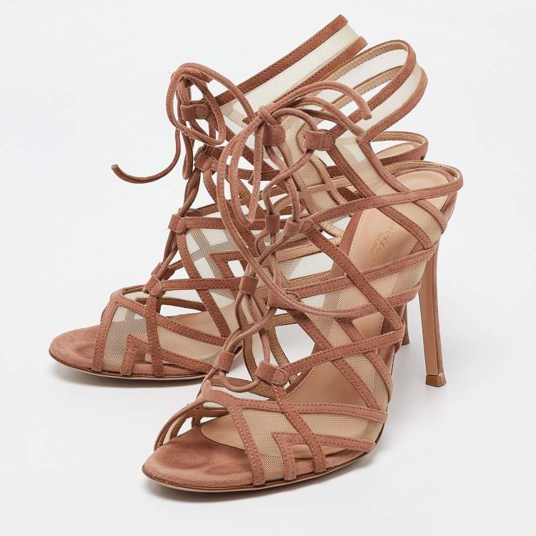 Pre Owned Gianvito Rossi Brown Suede and Mesh Adria Sandals Size 37.5