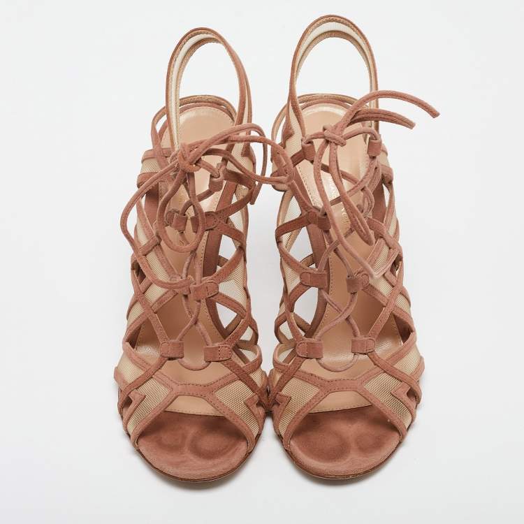 Pre Owned Gianvito Rossi Brown Suede and Mesh Adria Sandals Size 37.5