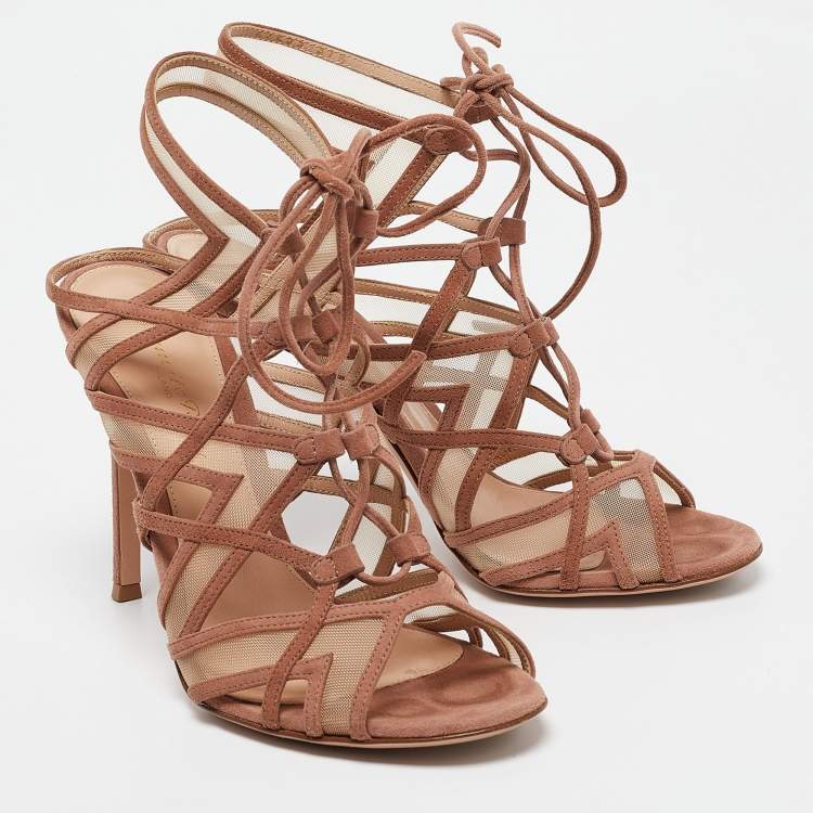 Pre Owned Gianvito Rossi Brown Suede and Mesh Adria Sandals Size 37.5