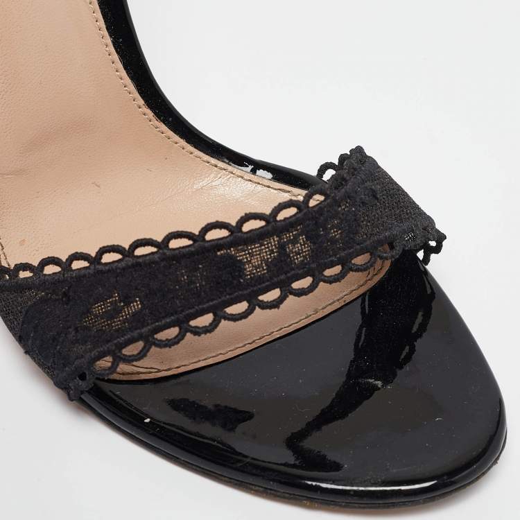 Pre Owned Gianvito Rossi Black Lace Bunny Ear Ankle Strap Sandals Size 38