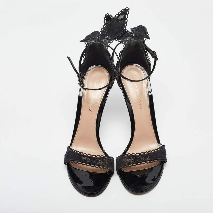 Pre Owned Gianvito Rossi Black Lace Bunny Ear Ankle Strap Sandals Size 38