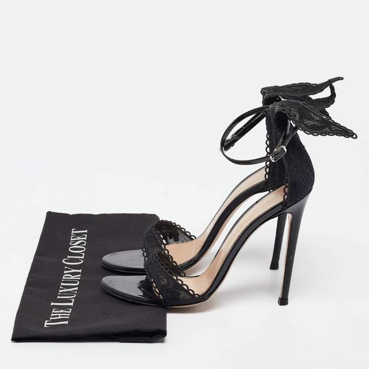 Pre Owned Gianvito Rossi Black Lace Bunny Ear Ankle Strap Sandals Size 38