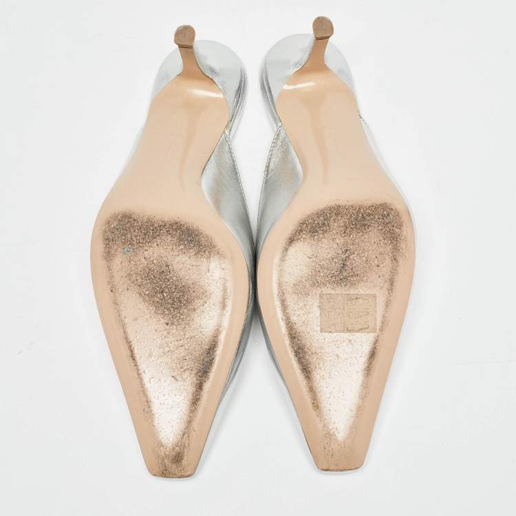 Pre Owned Gianvito Rossi Silver Leather Lindsay Mules Size 35.5