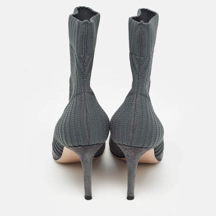 Pre Owned Gianvito Rossi Grey Knit Fabric And Suede Katie Ankle Boots Size 36.5
