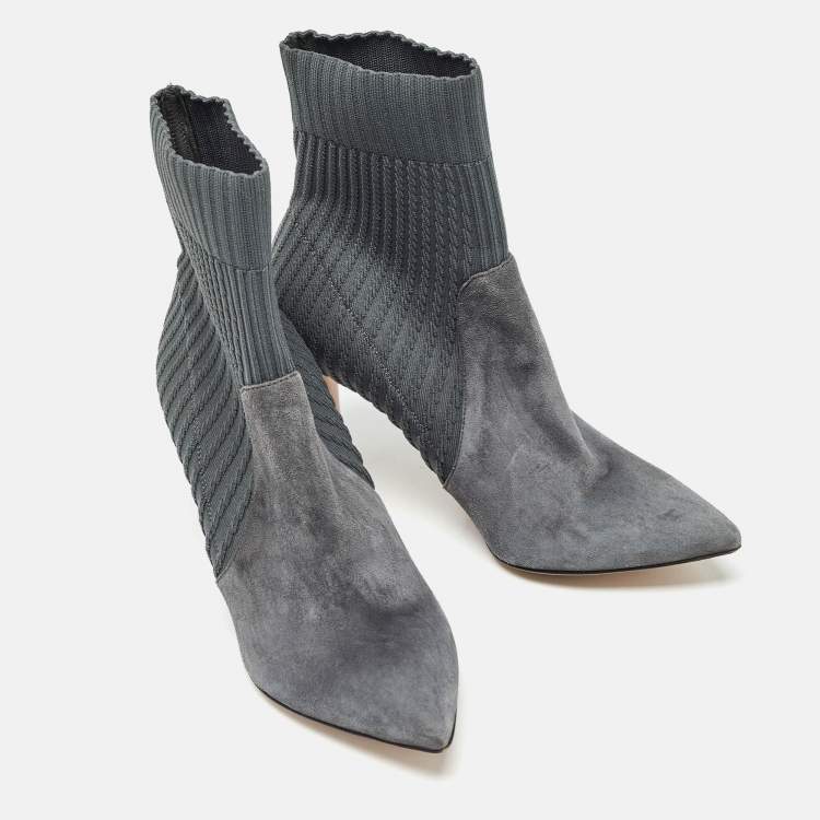 Pre Owned Gianvito Rossi Grey Knit Fabric And Suede Katie Ankle Boots Size 36.5
