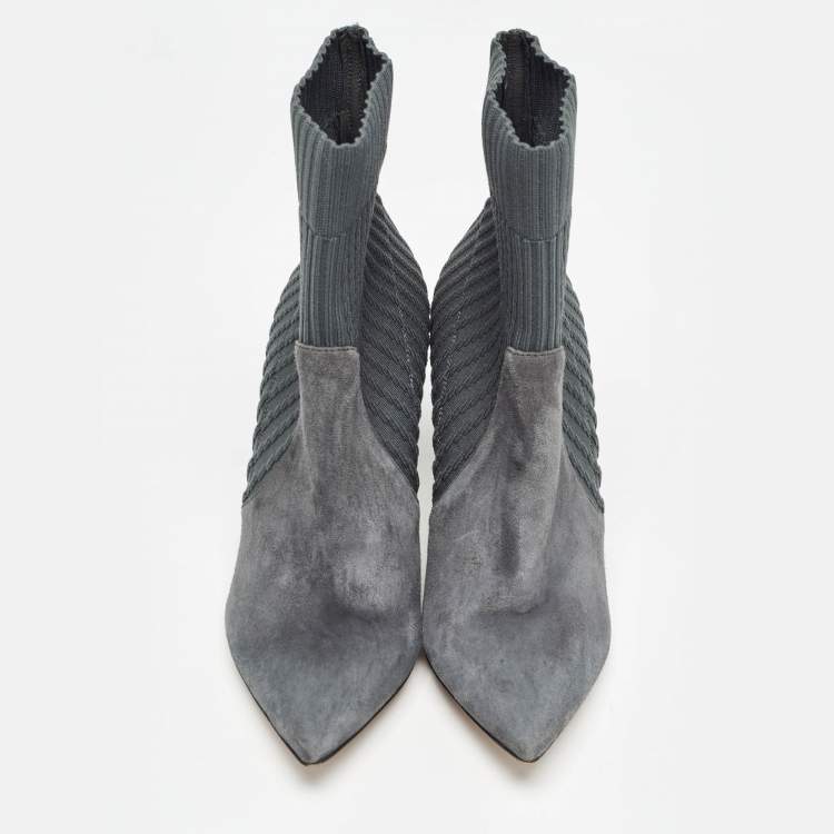 Pre Owned Gianvito Rossi Grey Knit Fabric And Suede Katie Ankle Boots Size 36.5