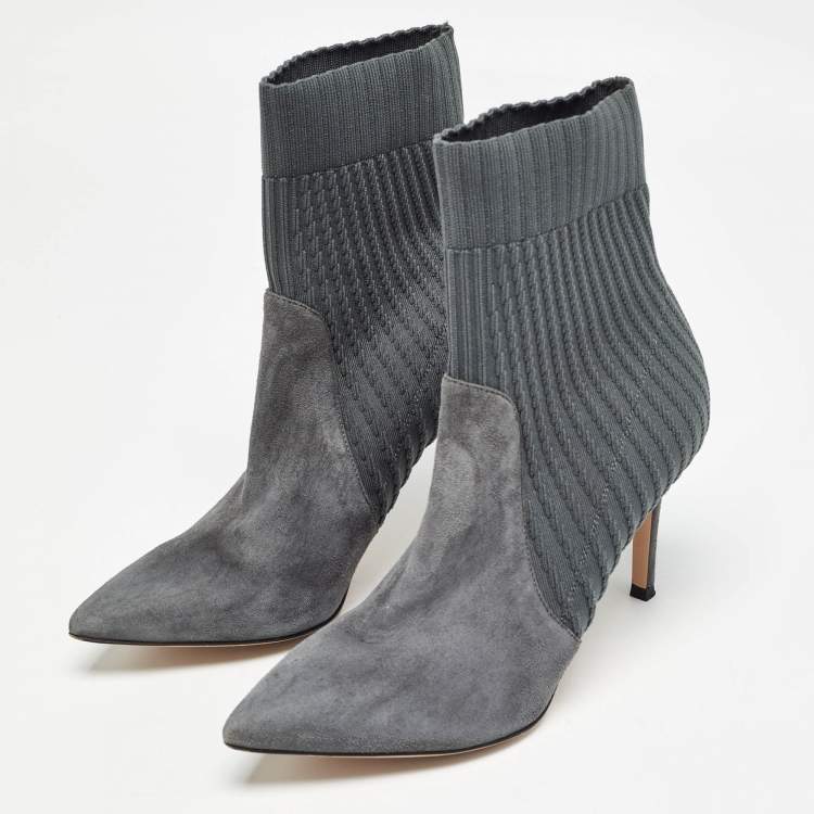 Pre Owned Gianvito Rossi Grey Knit Fabric And Suede Katie Ankle Boots Size 36.5