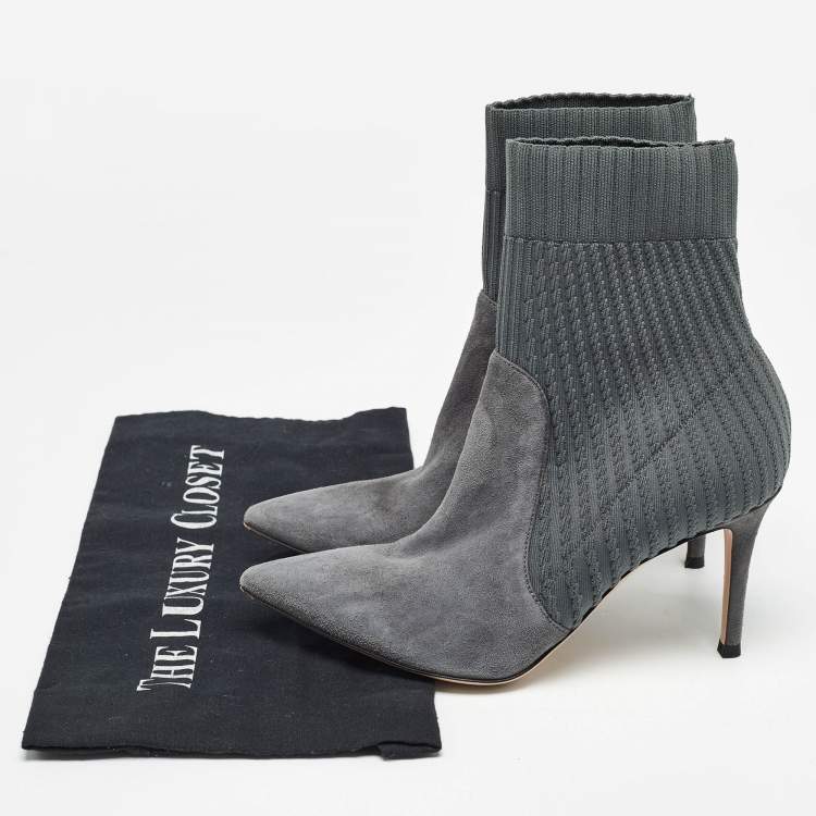 Pre Owned Gianvito Rossi Grey Knit Fabric And Suede Katie Ankle Boots Size 36.5