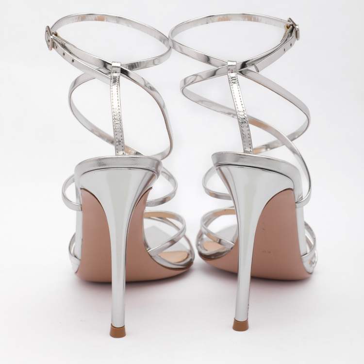 Pre Owned Gianvito Rossi Silver Leather Kim Ankle Strap Sandals Size 37