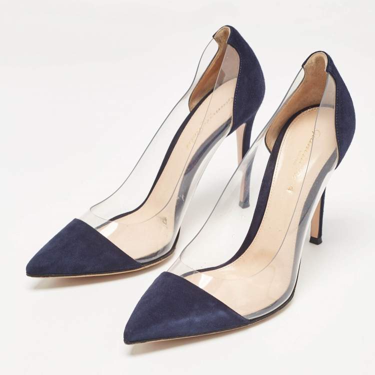 Pre Owned Gianvito Rossi Blue Suede and PVC Plexi Pointed Toe Pumps 39