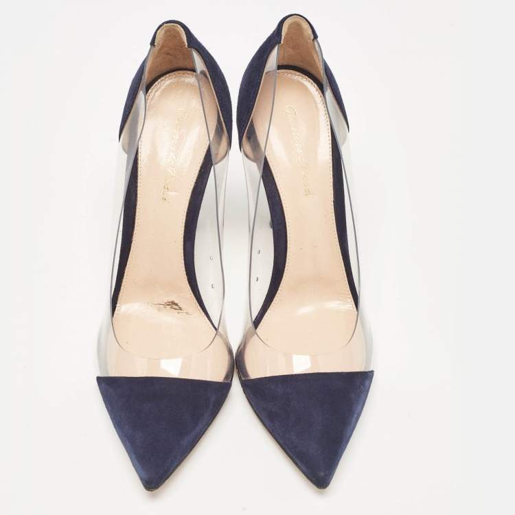 Pre Owned Gianvito Rossi Blue Suede and PVC Plexi Pointed Toe Pumps 39