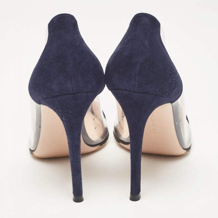 Pre Owned Gianvito Rossi Blue Suede and PVC Plexi Pointed Toe Pumps 39