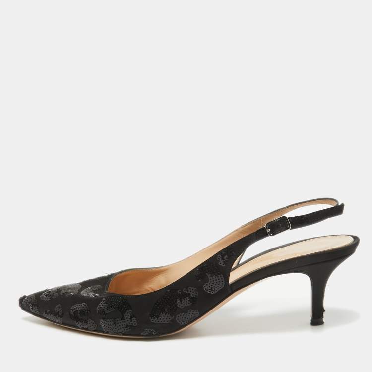 Pre Owned Gianvito Rossi Black Satin Sequins Embellished Slingback Pumps Size 39