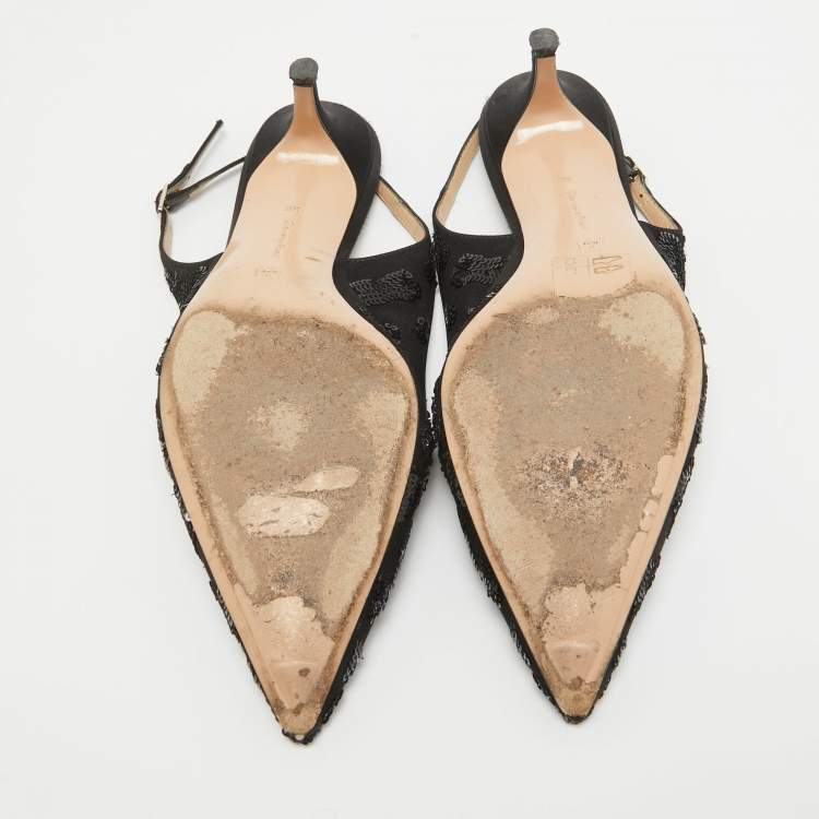 Pre Owned Gianvito Rossi Black Satin Sequins Embellished Slingback Pumps Size 39