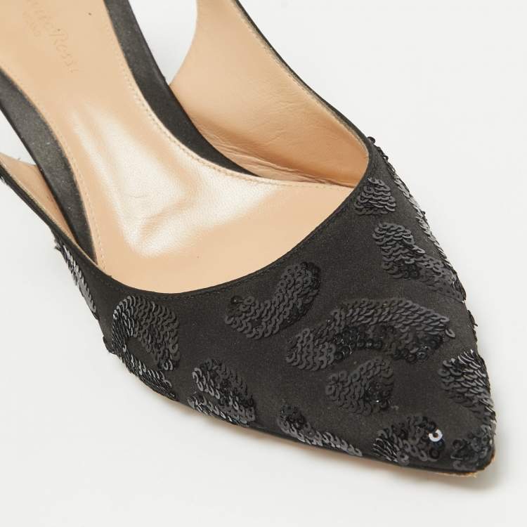 Pre Owned Gianvito Rossi Black Satin Sequins Embellished Slingback Pumps Size 39
