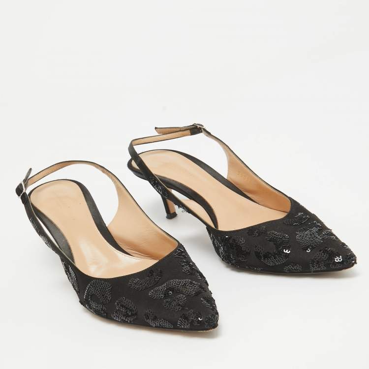 Pre Owned Gianvito Rossi Black Satin Sequins Embellished Slingback Pumps Size 39