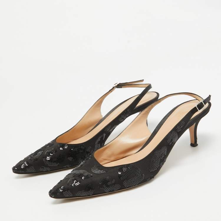 Pre Owned Gianvito Rossi Black Satin Sequins Embellished Slingback Pumps Size 39