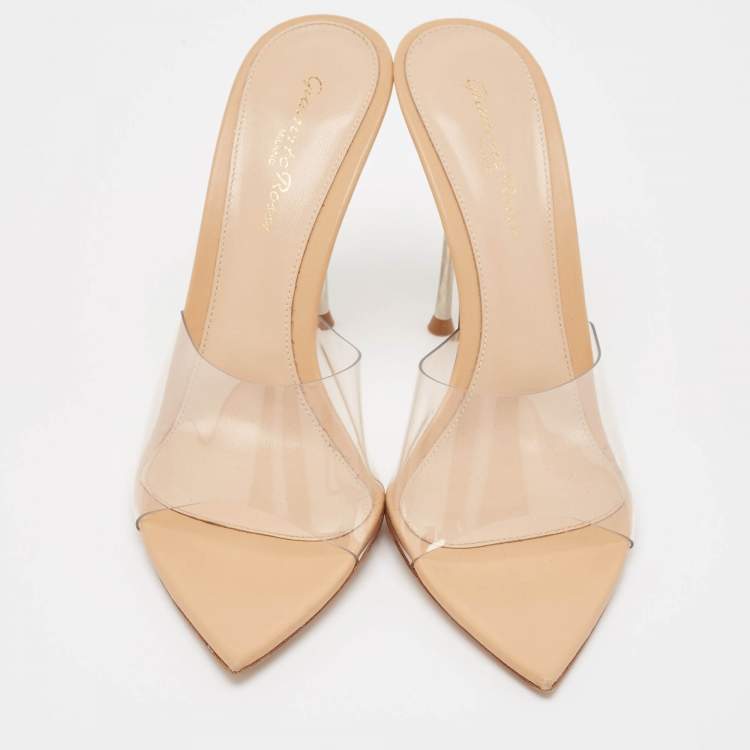 Pre Owned Gianvito Rossi Beige Leather and PVC Plexi Mules Size 38