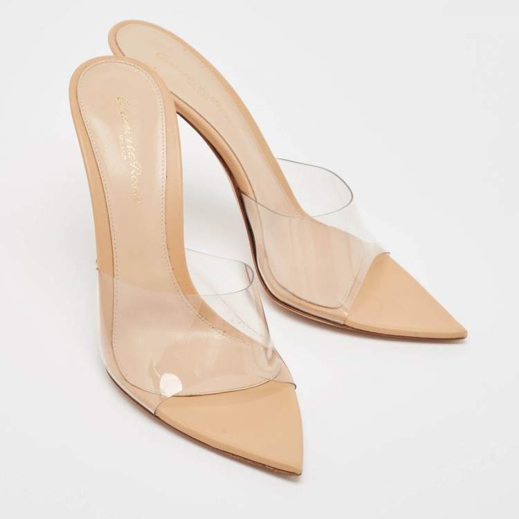 Pre Owned Gianvito Rossi Beige Leather and PVC Plexi Mules Size 38