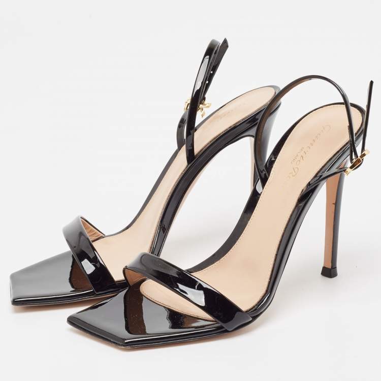 Pre Owned Gianvito Rossi Black Patent Leather Ribbon Sandals Size 37