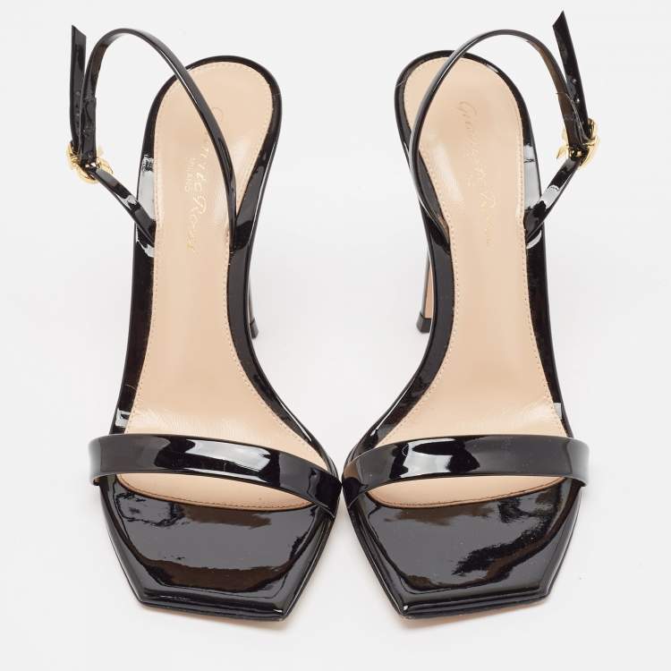 Pre Owned Gianvito Rossi Black Patent Leather Ribbon Sandals Size 37