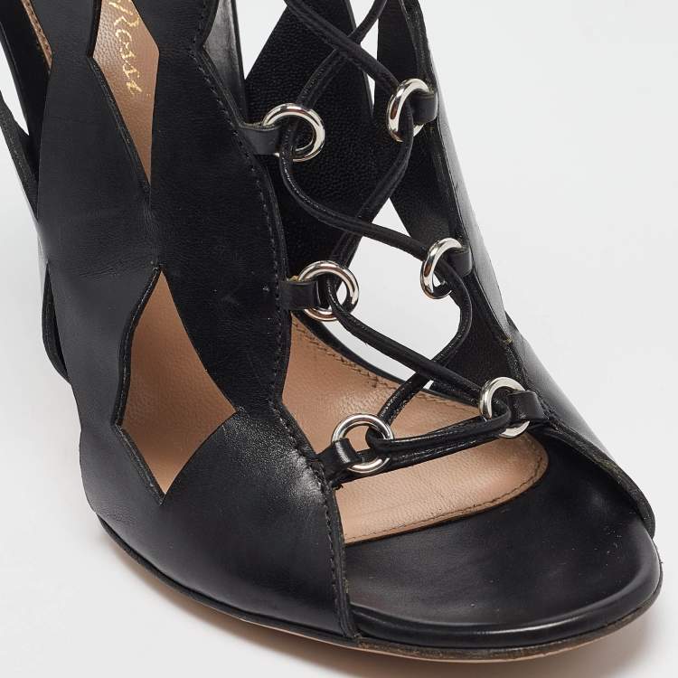 Pre Owned Gianvito Rossi Black Cutout Leather Lace Up Ankle Booties Size 38.5