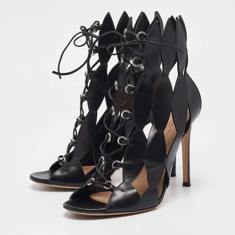 Pre Owned Gianvito Rossi Black Cutout Leather Lace Up Ankle Booties Size 38.5