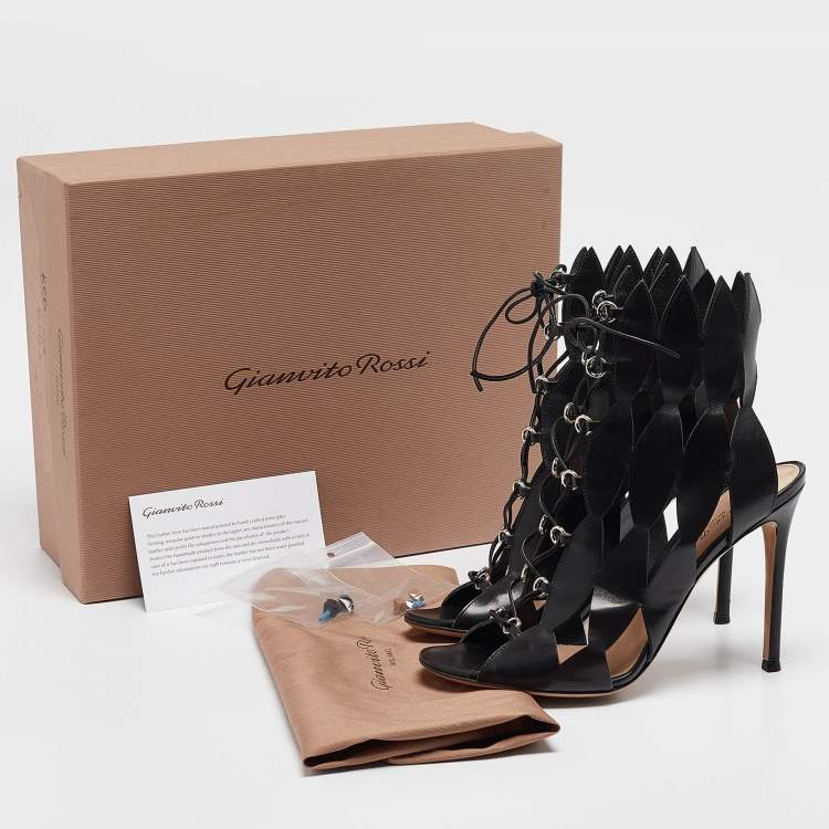 Pre Owned Gianvito Rossi Black Cutout Leather Lace Up Ankle Booties Size 38.5
