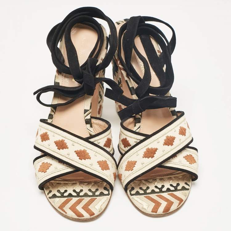 Pre Owned Gianvito Rossi Multicolor Canvas Cheyenne Ankle Strap Sandals Size 39