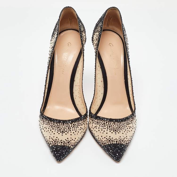 Pre Owned Gianvito Rossi Beige/Black Mesh Embellished Pumps Size 37