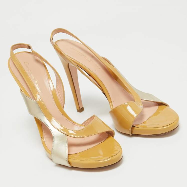 Pre Owned Gianvito Rossi Brown/Silver Patent Slingback Sandals Size 40