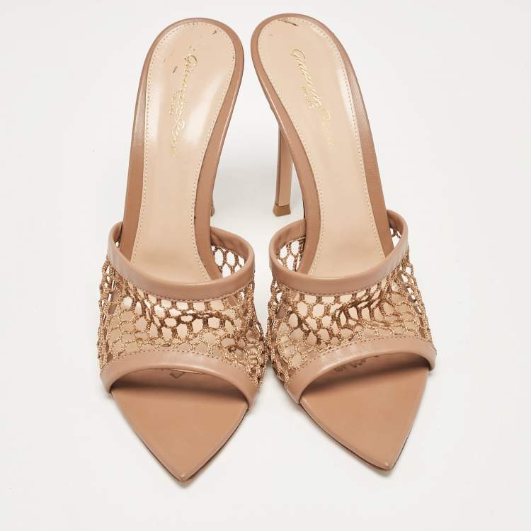 Pre Owned Gianvito Rossi Beige Leather and Mesh Alisia Slide Sandals Size 39.5