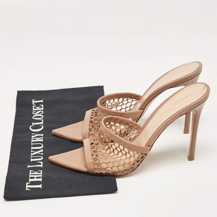 Pre Owned Gianvito Rossi Beige Leather and Mesh Alisia Slide Sandals Size 39.5