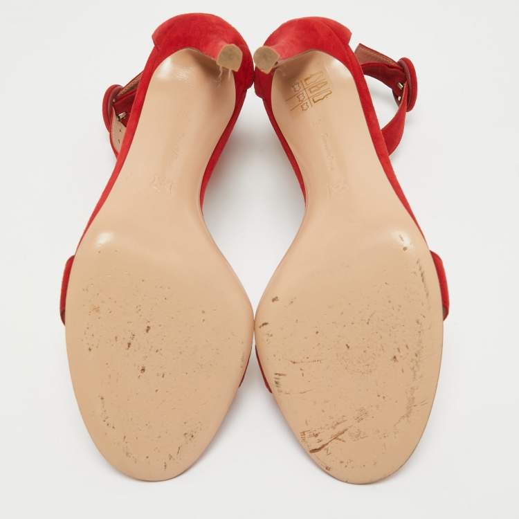 Pre Owned Gianvito Rossi Red Suede Portofino Ankle Strap Sandals Size 38.5