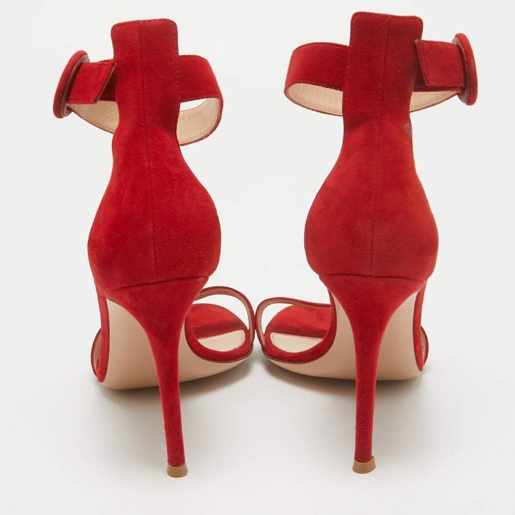 Pre Owned Gianvito Rossi Red Suede Portofino Ankle Strap Sandals Size 38.5