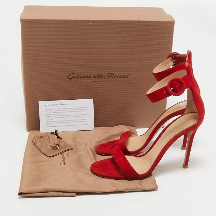 Pre Owned Gianvito Rossi Red Suede Portofino Ankle Strap Sandals Size 38.5
