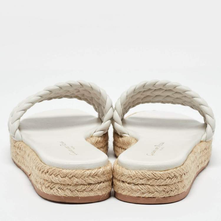Pre Owned Gianvito Rossi White Braided Leather Marbella Espadrille Slides Size 37.5