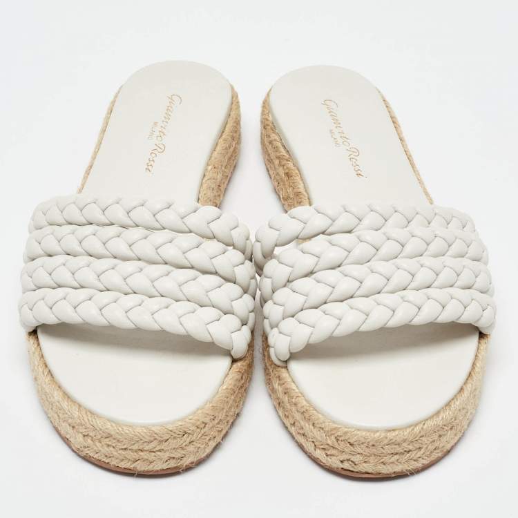 Pre Owned Gianvito Rossi White Braided Leather Marbella Espadrille Slides Size 37.5