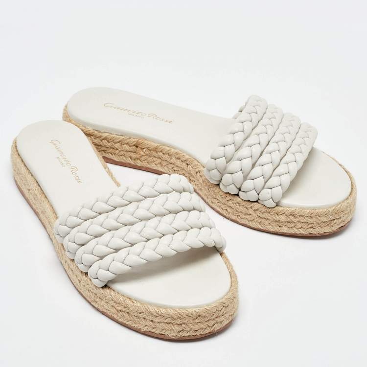 Pre Owned Gianvito Rossi White Braided Leather Marbella Espadrille Slides Size 37.5