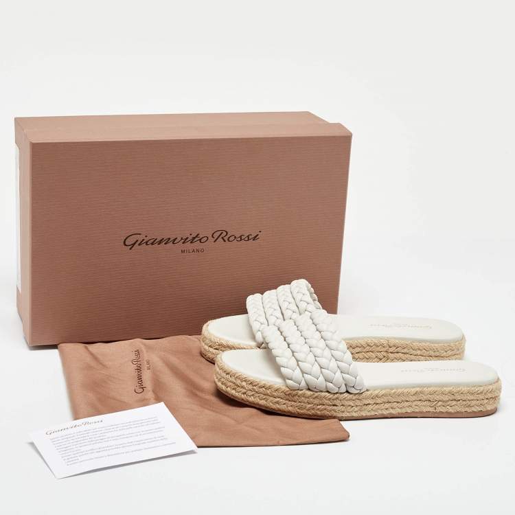 Pre Owned Gianvito Rossi White Braided Leather Marbella Espadrille Slides Size 37.5