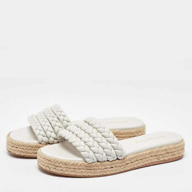 Pre Owned Gianvito Rossi White Braided Leather Marbella Espadrille Slides Size 37.5