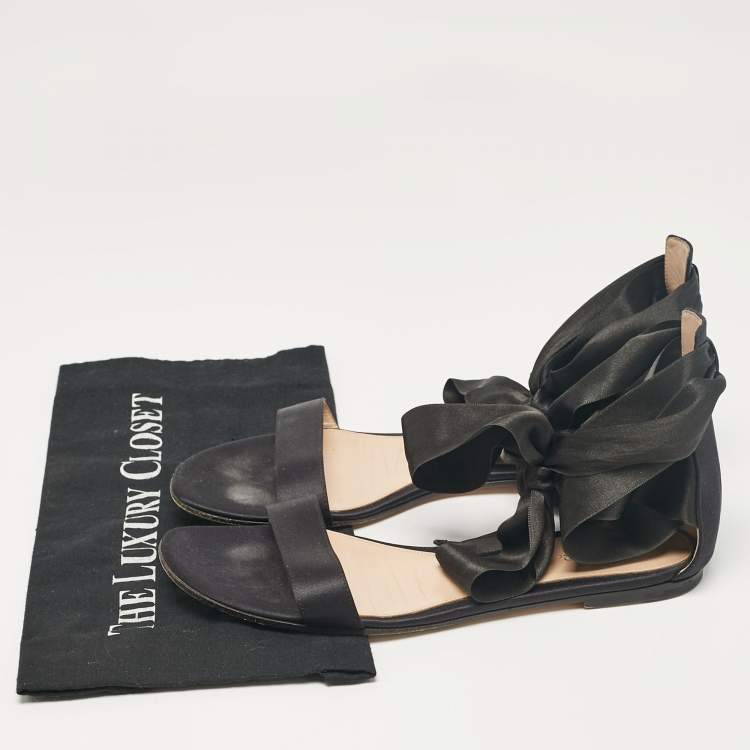 Pre Owned Gianvito Rossi Black Satin Ankle Tie Flat Sandals Size 40