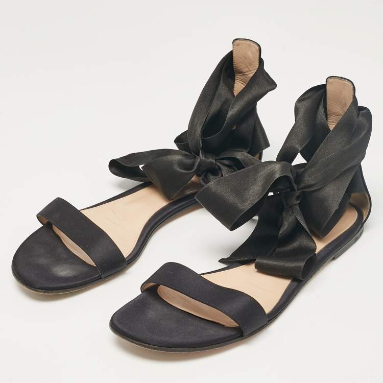 Pre Owned Gianvito Rossi Black Satin Ankle Tie Flat Sandals Size 40