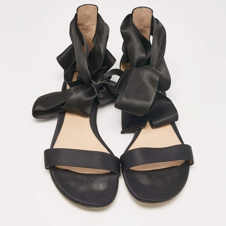 Pre Owned Gianvito Rossi Black Satin Ankle Tie Flat Sandals Size 40