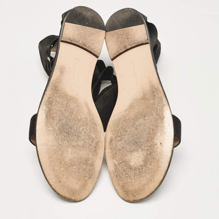 Pre Owned Gianvito Rossi Black Satin Ankle Tie Flat Sandals Size 40