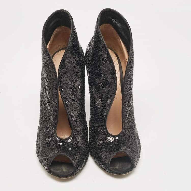 Pre Owned Gianvito Rossi Black Sequins Vamp Booties Size 37