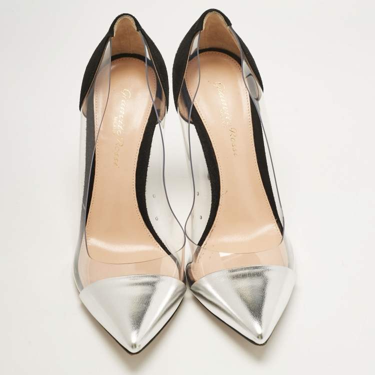 Pre Owned Gianvito Rossi Silver/Black Leather, Suede and PVC Plexi Pumps Size 36.5