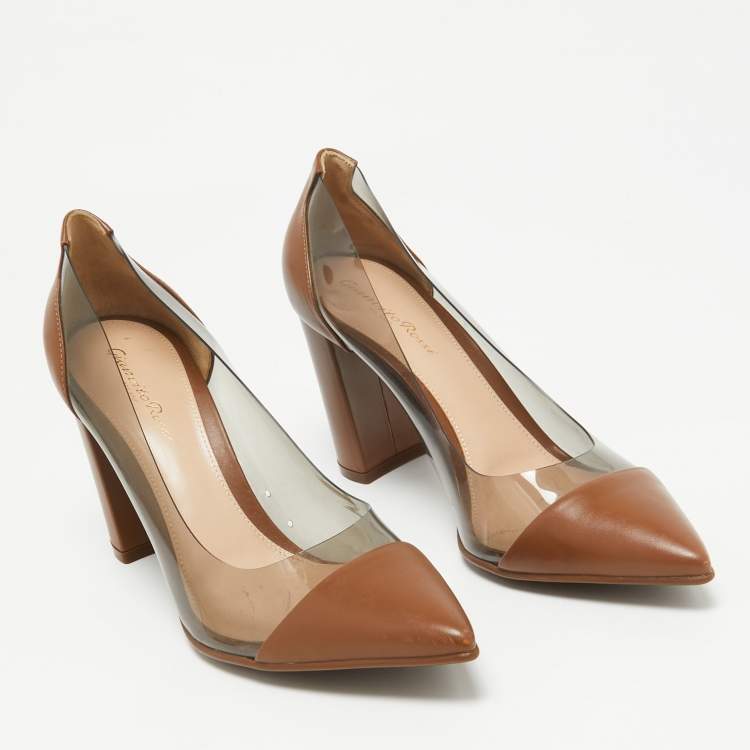 Pre Owned Gianvito Rossi Brown Leather and PVC Block Heel Pumps Size 38