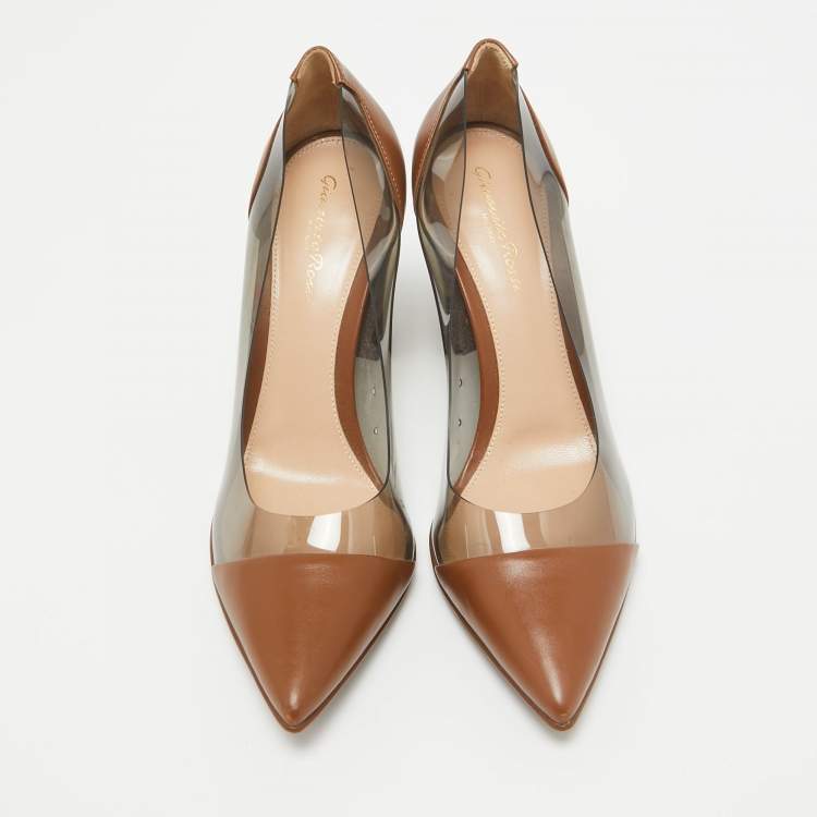 Pre Owned Gianvito Rossi Brown Leather and PVC Block Heel Pumps Size 38