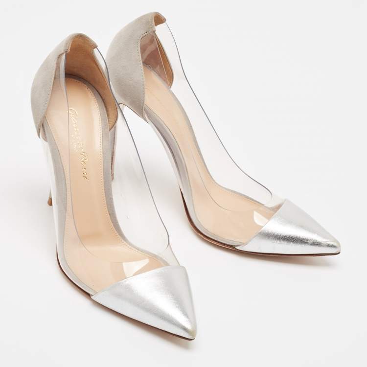 Pre Owned Gianvito Rossi Silver/Grey Leather and PVC Plexi Pumps Size 37